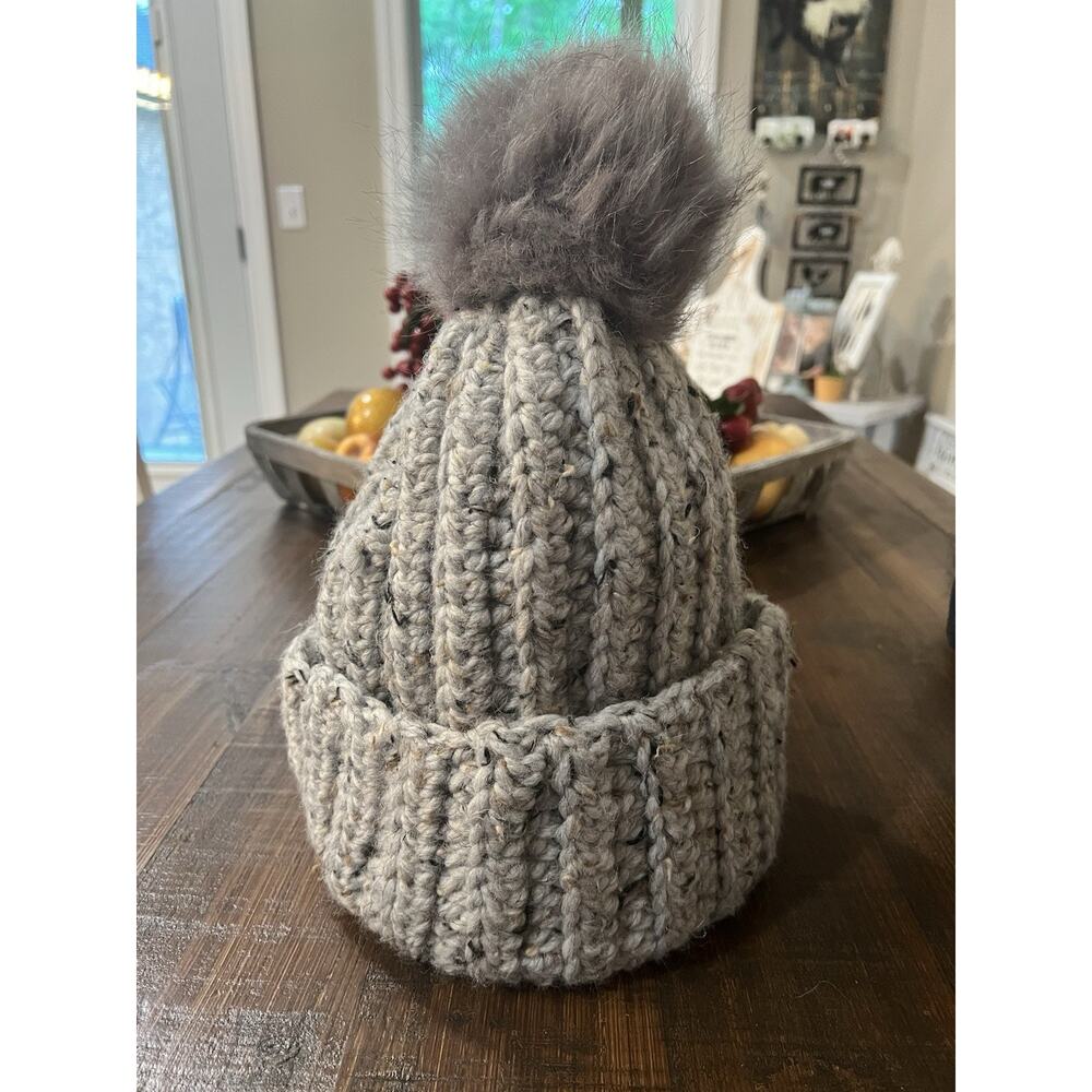 Handmade Crochet Chunky Ribbed Beanie Hat Gray Tweed with Faux Fur Pom Pom